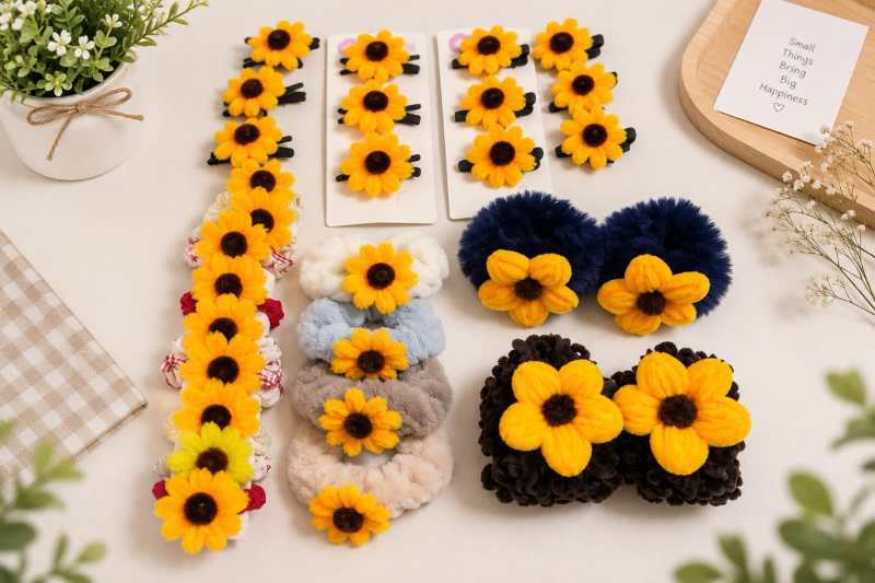 Mini Crochet Sunflower Clip Set